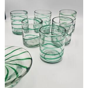 Vintage Mexican Green Swirl Glass Tumblers Set of 6 with Matching Dish Homeware